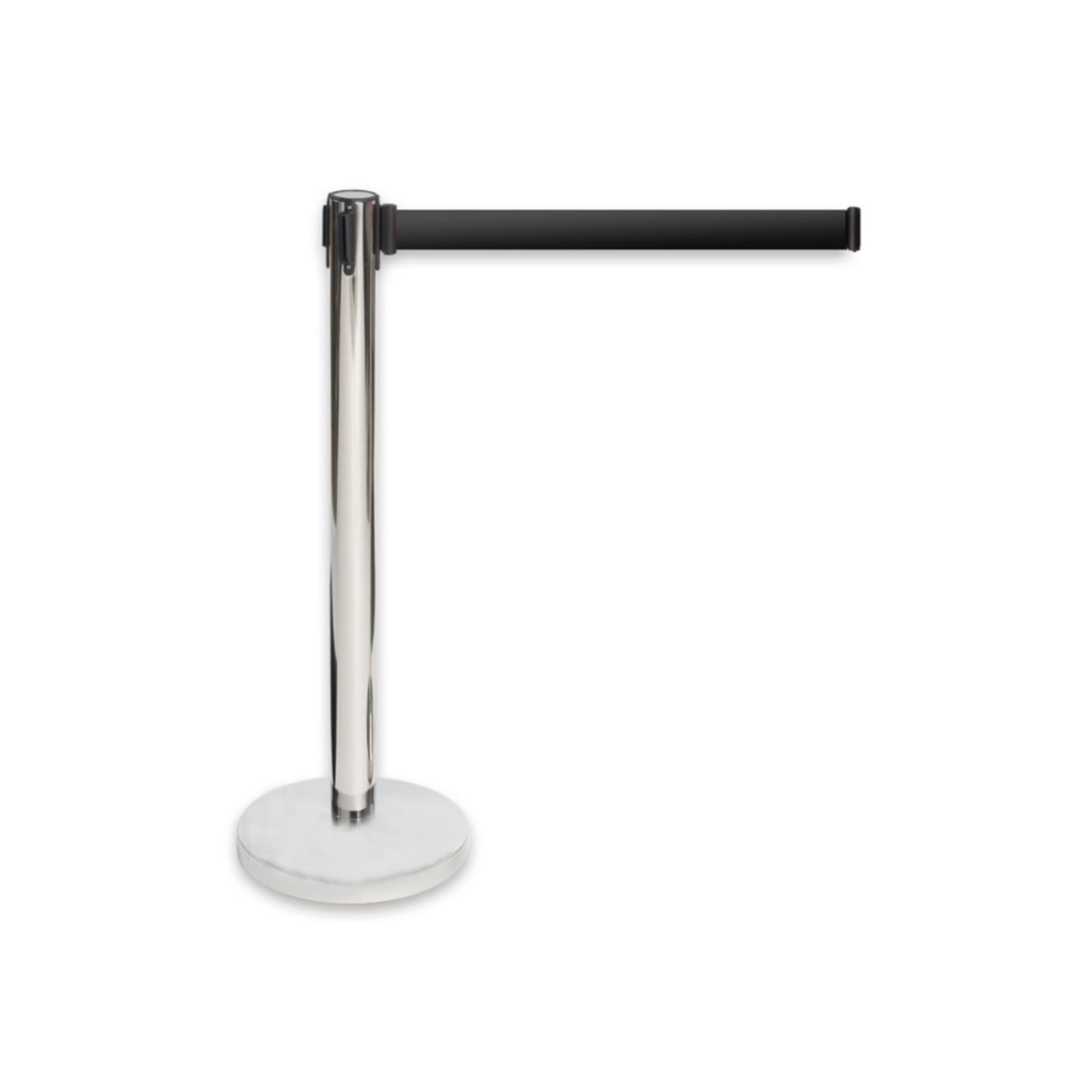 Steel Silver Bollard – Retractable Black Belt (2m)